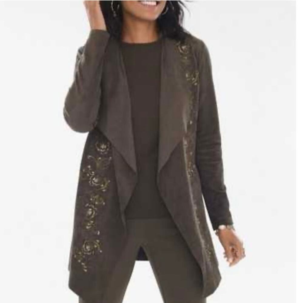 Chico's Olive Green Embroidered Faux Suede Waterfall Jacket Size M/8 (Chico's 1)